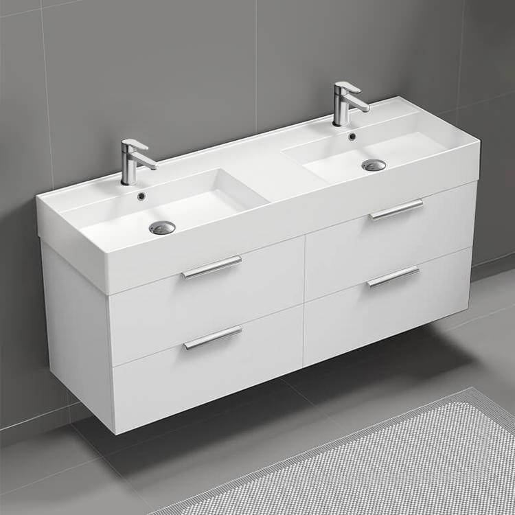 Nameeks DERIN238 56 Inch Bathroom Vanity, Double Sink, Wall Mount, Modern, Glossy White